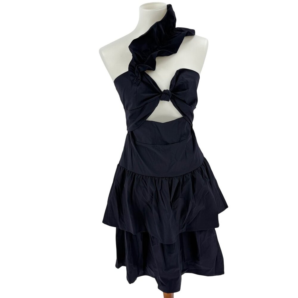 One-Shoulder Ruffle Midi Dress M Polyester & Spandex Navy